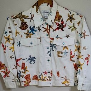 Vintage Cedars Women's White Starfish Denim Jacket With Sequins Size L